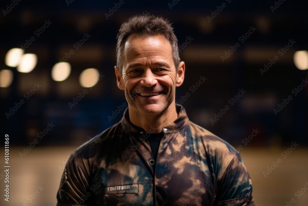 Portrait of a happy middle-aged man in sportswear at night Portrait of a happy middle-aged man in sportswear at night