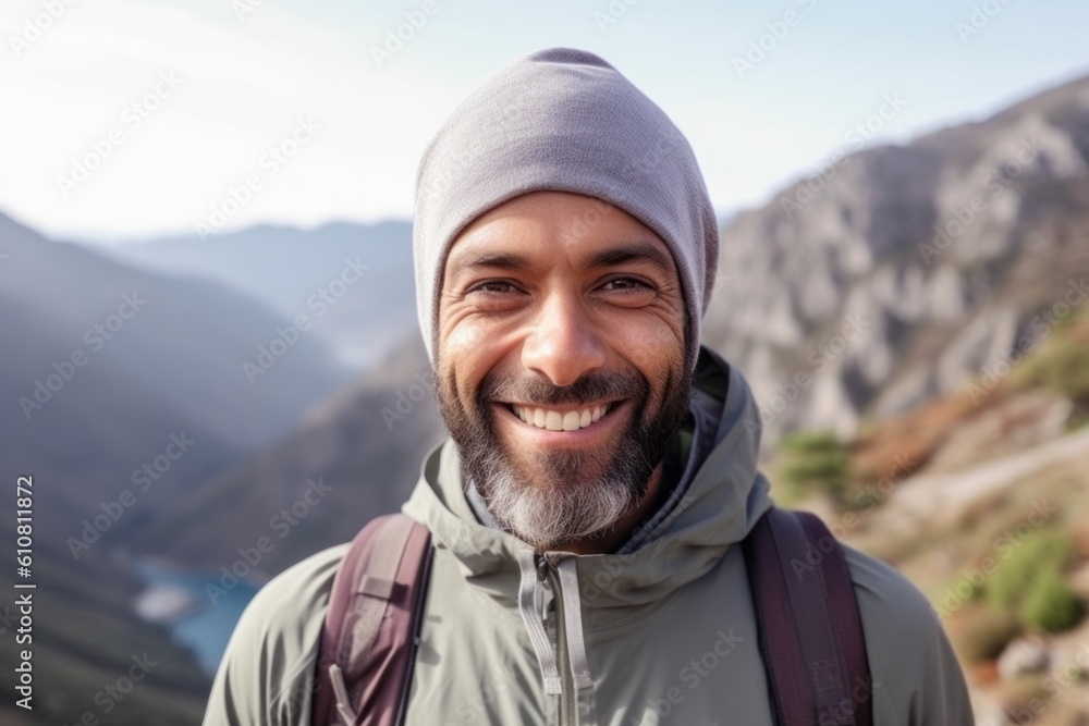 Medium shot portrait photography of a grinning man in his 40s that is wearing hijab against a scenic mountain hike with breathtaking views background . Generative AI Medium shot portrait photography of a grinning man in his 40s that is wearing hijab against a scenic mountain hike with breathtaking views background . Generative AI