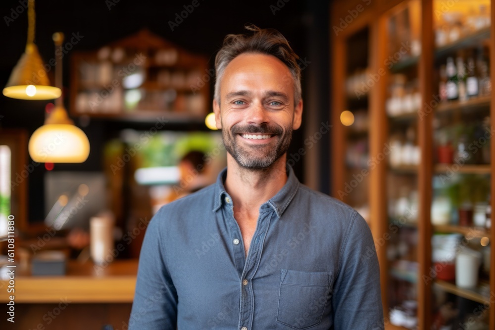 Medium shot portrait photography of a pleased man in his 30s that is wearing a chic cardigan against a bustling traditional tea house with servers and patrons background . Generative AI Medium shot portrait photography of a pleased man in his 30s that is wearing a chic cardigan against a bustling traditional tea house with servers and patrons background . Generative AI