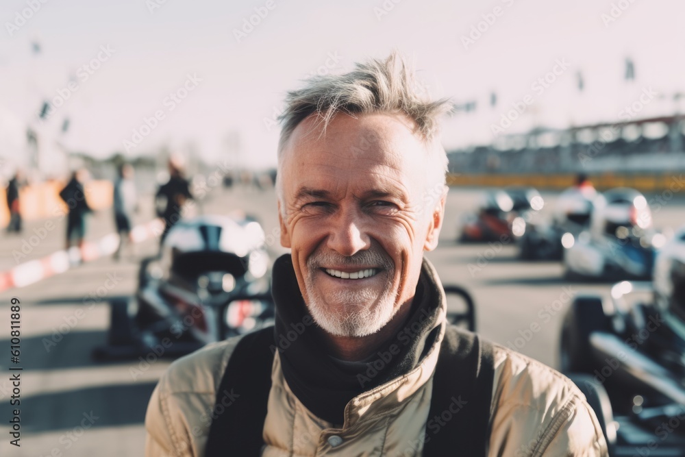 Portrait of a smiling middle-aged man standing in front of a racing car Portrait of a smiling middle-aged man standing in front of a racing car