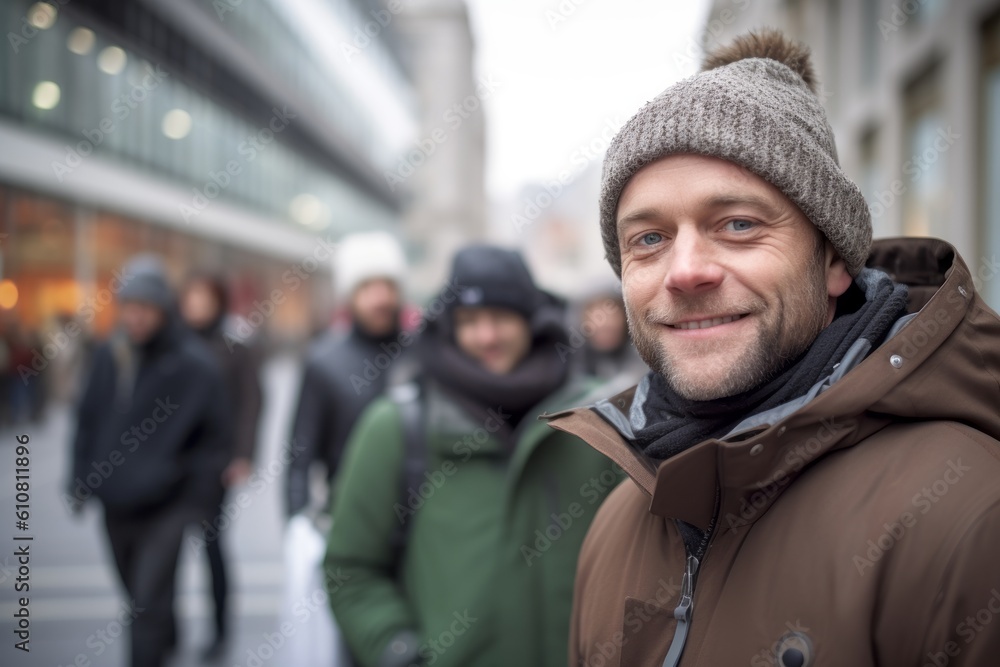 Portrait of a smiling man in a hat and coat in the city Portrait of a smiling man in a hat and coat in the city