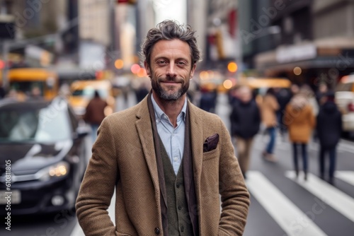 Medium shot portrait photography of a pleased man in his 30s that is wearing a chic cardigan against a bustling city intersection with taxis and pedestrians background .  Generative AI © Leon Waltz