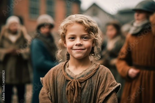 portrait of smiling little girl looking at camera with friends in background