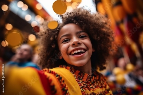 Smiling african american girl with curly hair posing in amusement park