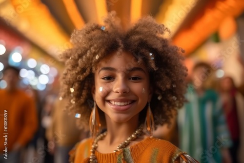 Medium shot portrait photography of a satisfied child female that is wearing a cozy sweater against a lively brazilian carnival with performers background . Generative AI