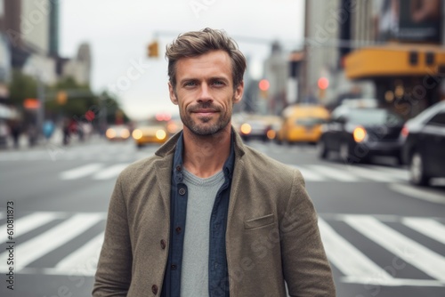 Portrait of handsome man crossing street in New York City. Man looking at camera.