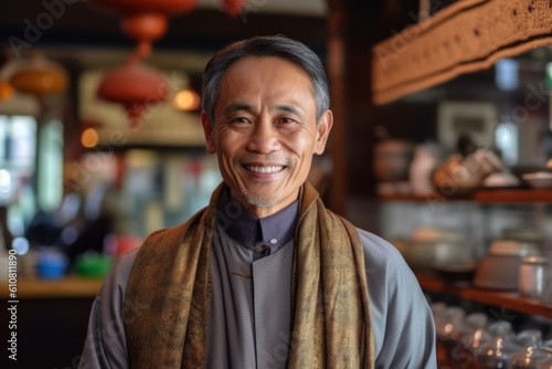 Medium shot portrait photography of a grinning man in his 50s that is wearing a charming scarf against a bustling traditional tea house with servers and patrons background . Generative AI