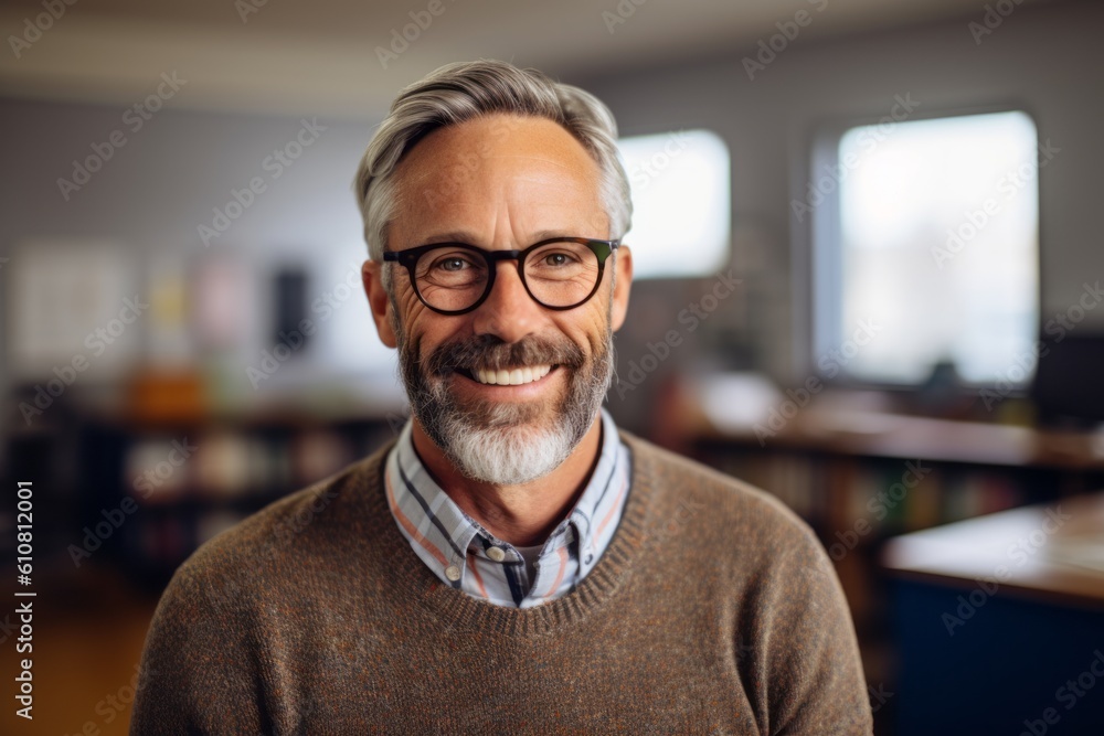 Medium shot portrait photography of a grinning man in his 50s that is wearing a chic cardigan against a classroom or educational setting background . Generative AI Medium shot portrait photography of a grinning man in his 50s that is wearing a chic cardigan against a classroom or educational setting background . Generative AI
