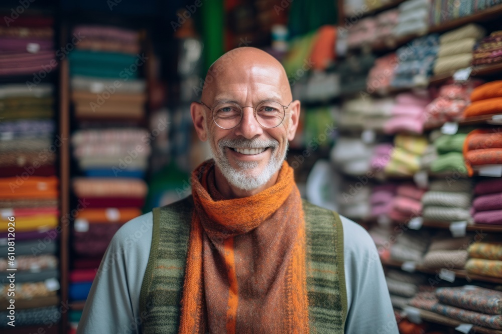 Medium shot portrait photography of a grinning man in his 50s that is wearing a chic cardigan against a bustling trader's market with colorful fabrics and spices background . Generative AI Medium shot portrait photography of a grinning man in his 50s that is wearing a chic cardigan against a bustling trader's market with colorful fabrics and spices background . Generative AI
