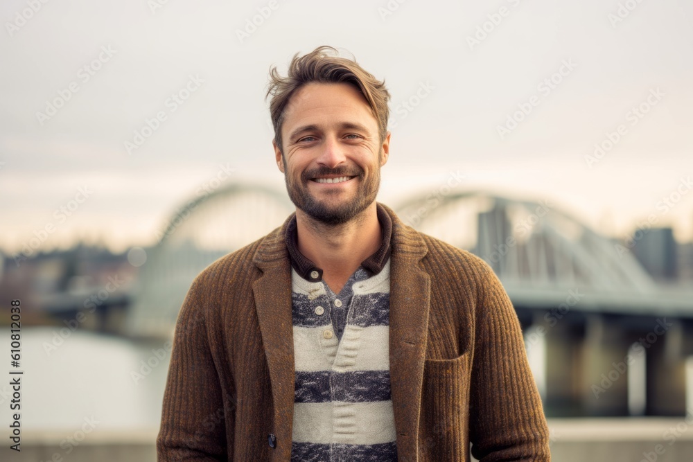 Portrait of handsome young man with short hair smiling in the city Portrait of handsome young man with short hair smiling in the city