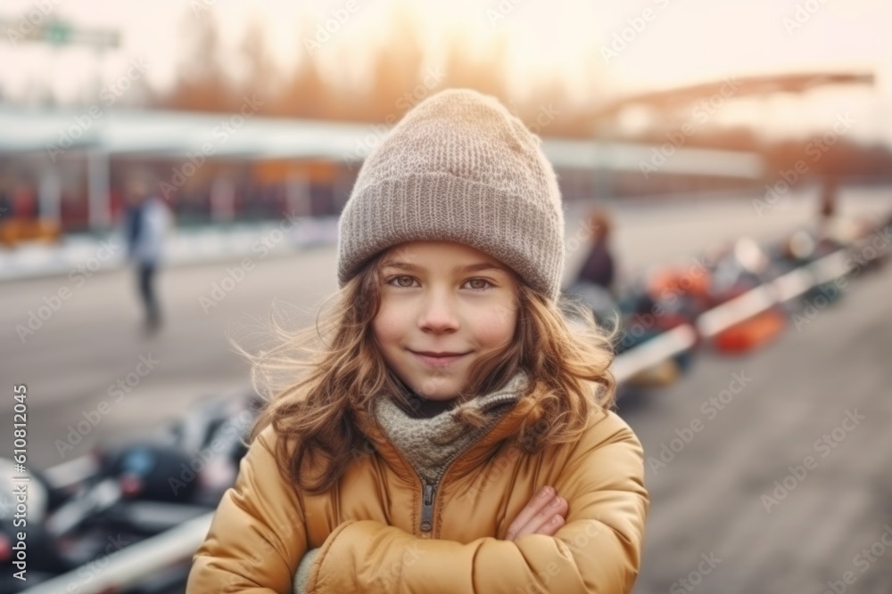Portrait of a cute little girl in a warm hat and coat on the background of the parking lot Portrait of a cute little girl in a warm hat and coat on the background of the parking lot