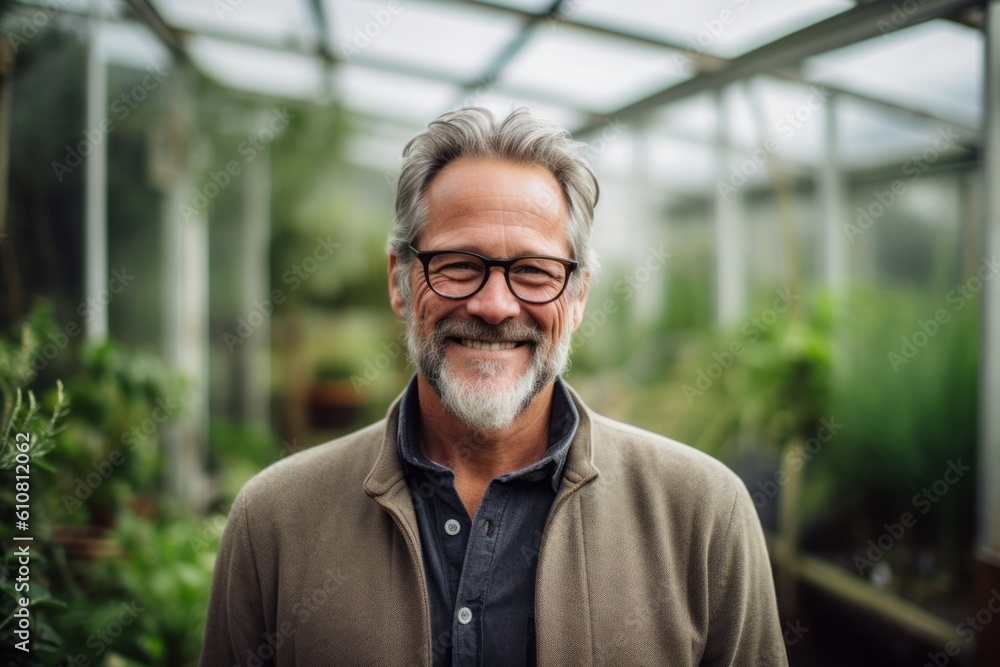 Medium shot portrait photography of a grinning man in his 50s that is wearing a chic cardigan against a greenhouse or conservatory background . Generative AI Medium shot portrait photography of a grinning man in his 50s that is wearing a chic cardigan against a greenhouse or conservatory background . Generative AI