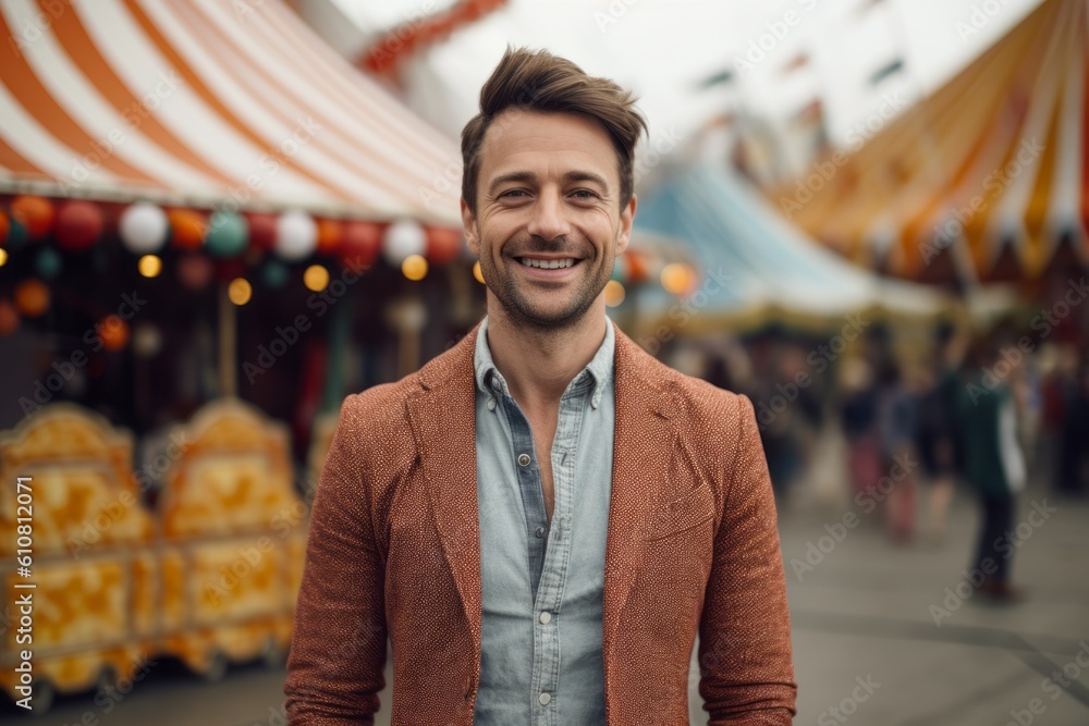 Medium shot portrait photography of a pleased man in his 30s that is wearing a chic cardigan against a circus or big top background . Generative AI Medium shot portrait photography of a pleased man in his 30s that is wearing a chic cardigan against a circus or big top background . Generative AI