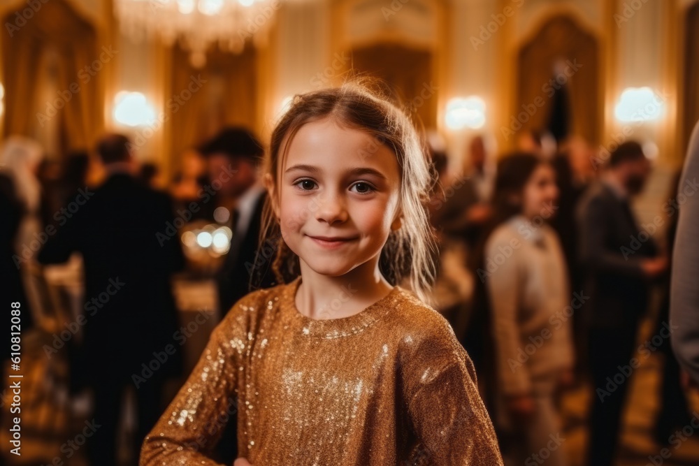 Fototapeta premium Portrait of a cute little girl in a golden dress in the church.