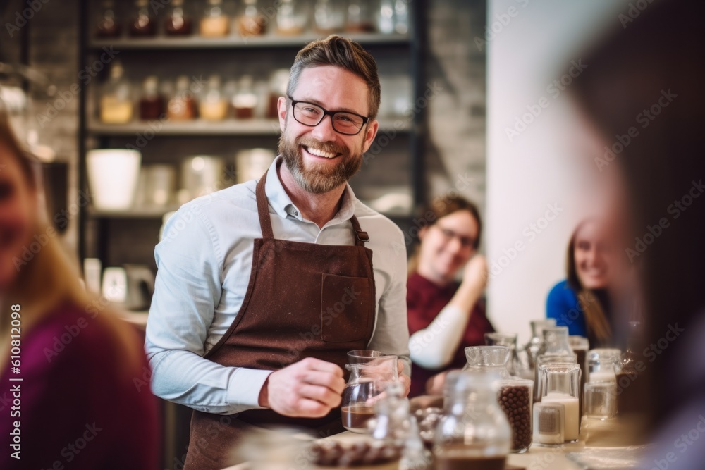 Medium shot portrait photography of a pleased man in his 30s that is wearing a chic cardigan against a cozy chocolate-making class with a group of people background .  Generative AI