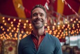 Medium shot portrait photography of a pleased man in his 30s that is wearing a chic cardigan against a circus or big top background .  Generative AI