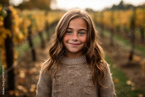 Portrait of a cute little girl in the vineyard in autumn