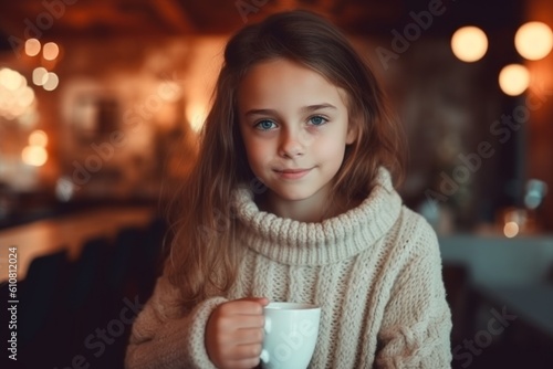 Medium shot portrait photography of a satisfied child female that is wearing a cozy sweater against a tea room or british tea background . Generative AI
