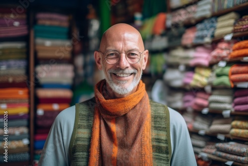 Medium shot portrait photography of a grinning man in his 50s that is wearing a chic cardigan against a bustling trader's market with colorful fabrics and spices background . Generative AI