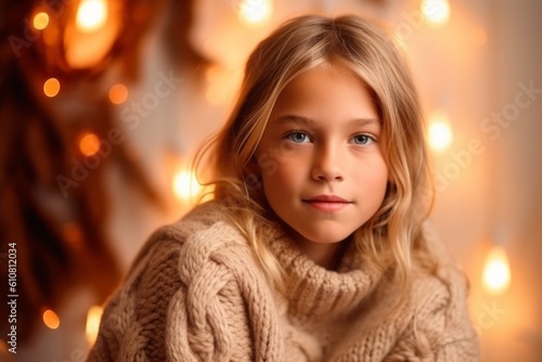 Wallpaper Mural Portrait of a cute little girl in a warm knitted sweater against the background of Christmas lights. Torontodigital.ca