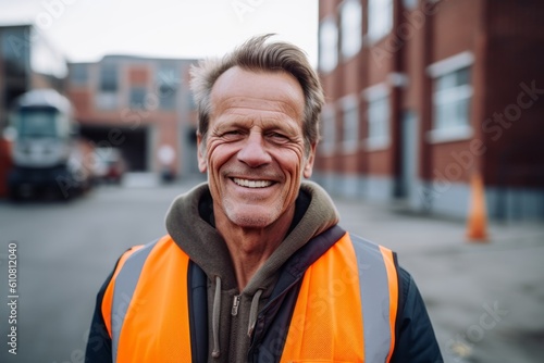 Portrait of smiling mature man in safety vest standing in front of warehouse