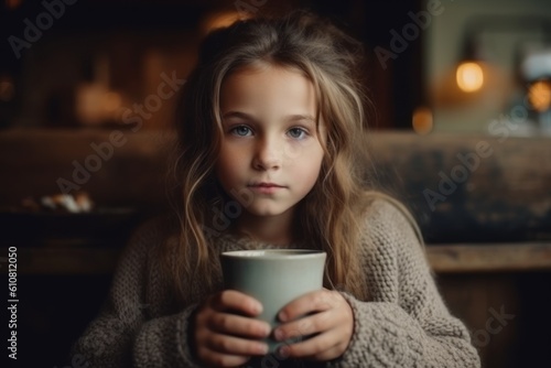 Cute little girl with cup of coffee in cafe. Portrait of a girl in a sweater.
