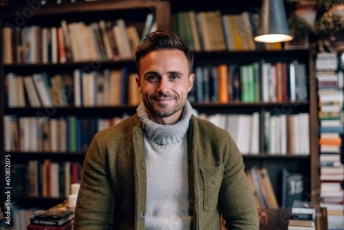 Medium shot portrait photography of a pleased man in his 30s that is wearing a chic cardigan against a cozy bookstore filled with books and readers background . Generative AI