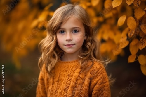 Portrait of a beautiful little girl in an orange sweater. Autumn.