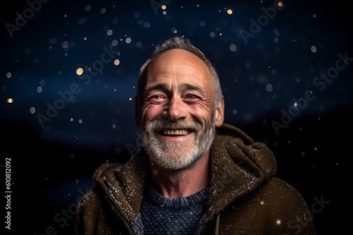 Portrait of a happy senior man at night in the snow.