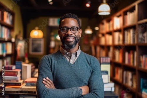 Portrait of a smiling african american man standing in library