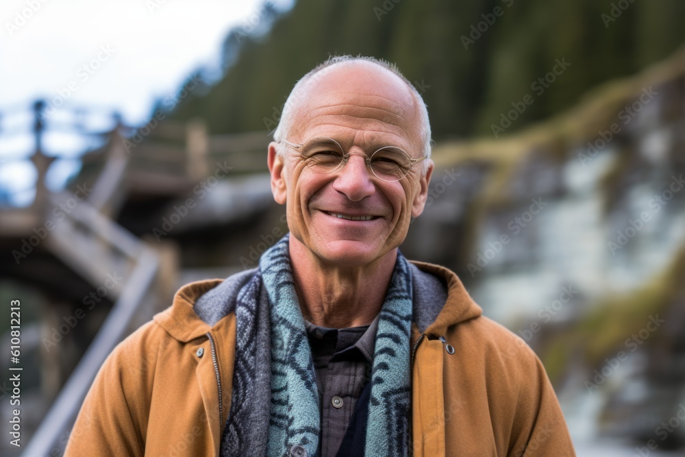 Portrait of smiling senior man in park on a cold winter day