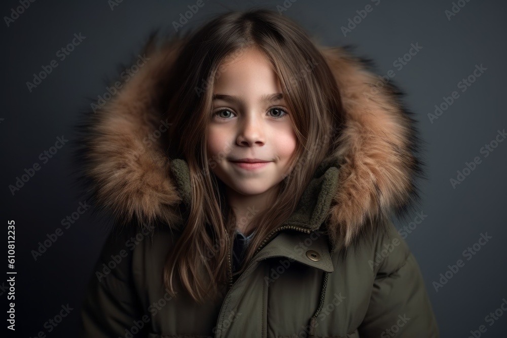 Portrait of a cute little girl in a warm jacket on a dark background Portrait of a cute little girl in a warm jacket on a dark background