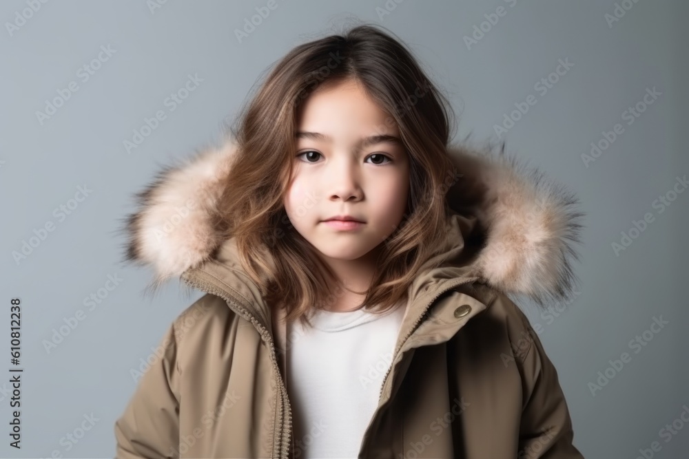 Portrait of a cute little girl in a warm jacket on a gray background Portrait of a cute little girl in a warm jacket on a gray background
