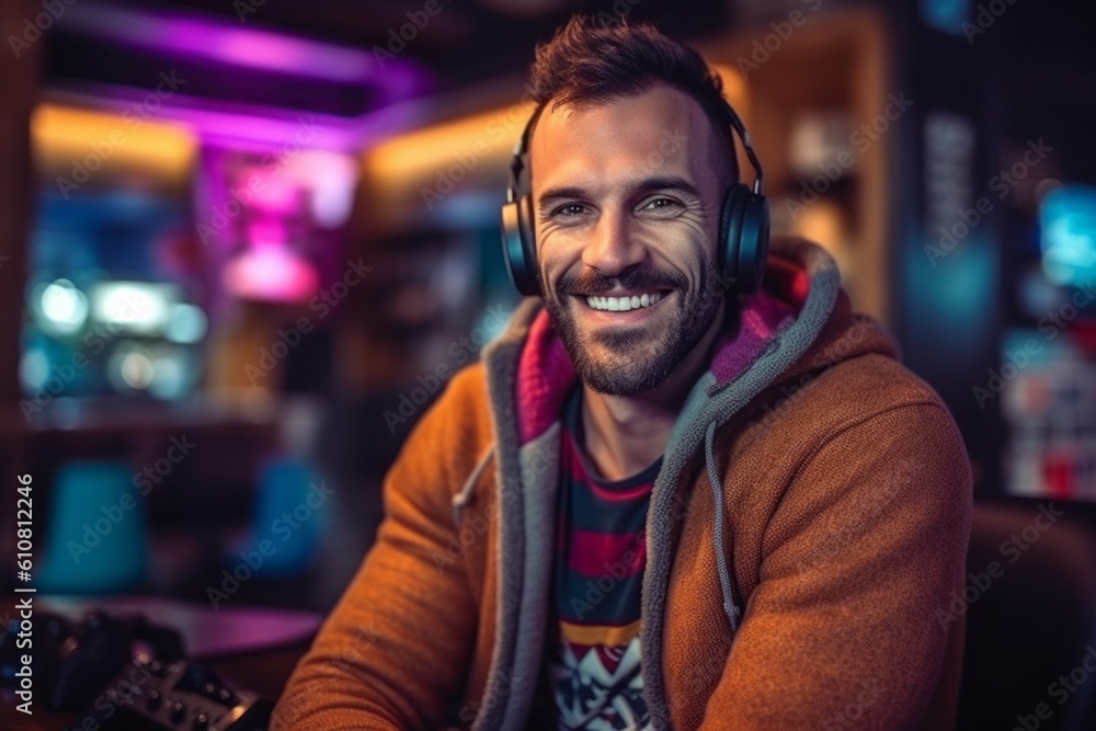 Medium shot portrait photography of a pleased man in his 30s that is wearing a chic cardigan against a gaming or video game background . Generative AI Medium shot portrait photography of a pleased man in his 30s that is wearing a chic cardigan against a gaming or video game background . Generative AI