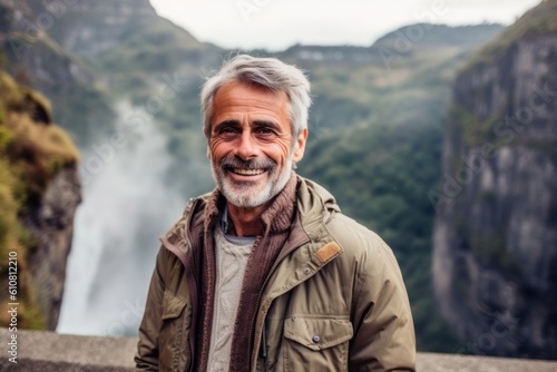 Portrait of smiling senior man standing in front of a waterfall on a rainy day