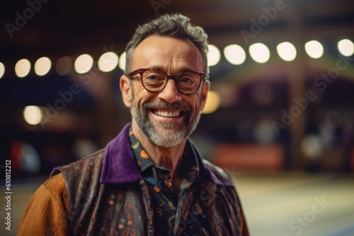 Portrait of senior man with eyeglasses smiling at camera while standing in cafe