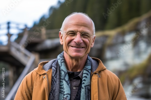 Portrait of smiling senior man in park on a cold winter day