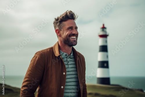 Portrait of a handsome young man standing in front of a lighthouse on a cloudy day