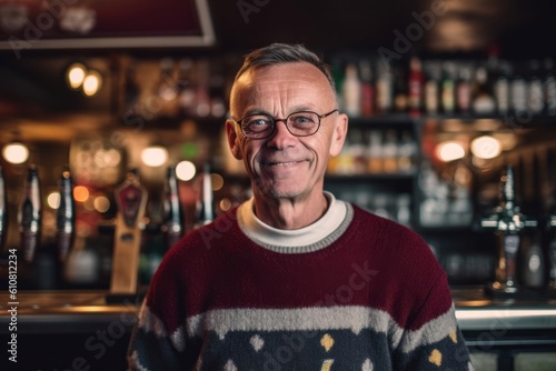 Medium shot portrait photography of a grinning man in his 50s that is wearing a chic cardigan against a raucous soccer fan's bar during a major match background . Generative AI