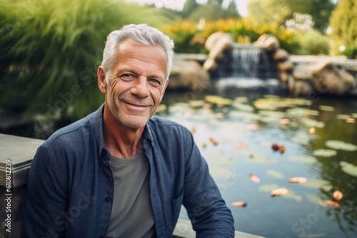 Medium shot portrait photography of a grinning man in his 50s that is wearing a chic cardigan against a tranquil koi pond with fish and water lilies background . Generative AI