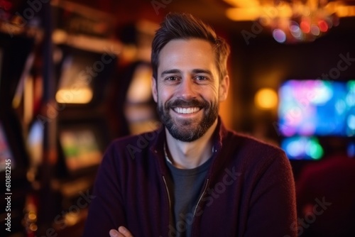 Medium shot portrait photography of a pleased man in his 30s that is wearing a chic cardigan against a gaming or video game background . Generative AI