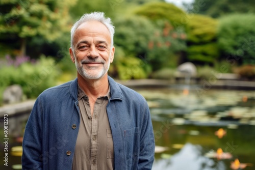 Medium shot portrait photography of a grinning man in his 50s that is wearing a chic cardigan against a tranquil koi pond with fish and water lilies background .  Generative AI © Eber Braun
