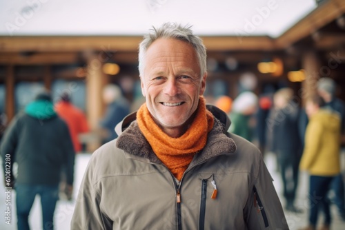 Medium shot portrait photography of a grinning man in his 50s that is wearing a chic cardigan against an active ski resort with visitors enjoying the slopes background . Generative AI