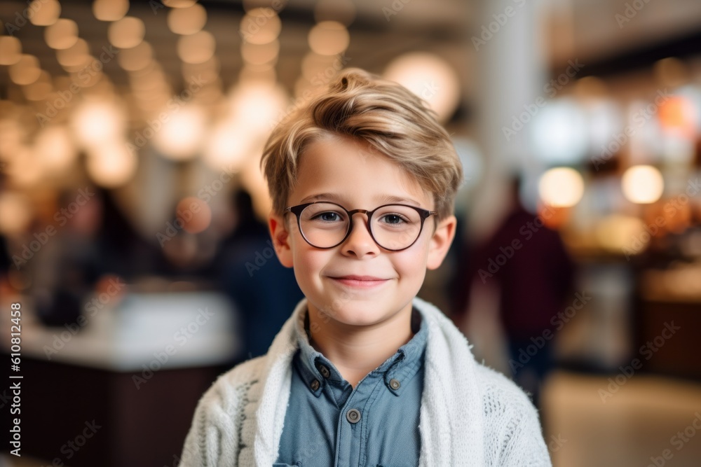 Portrait of smiling little boy with eyeglasses in shopping mall Portrait of smiling little boy with eyeglasses in shopping mall