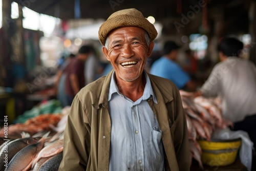 Medium shot portrait photography of a grinning man in his 50s that is wearing a foulard against a bustling fish market with vendors selling their catch background . Generative AI