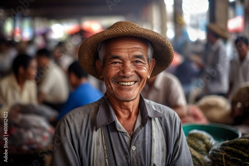 Portrait of a smiling asian senior man at the market in Thailand