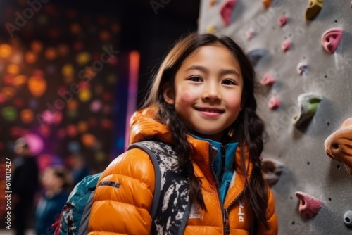 happy little asian girl looking at camera while climbing on indoor climbing wall