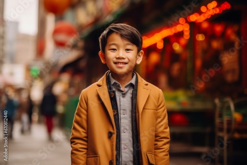 Portrait of a boy in a yellow coat on the background of a Christmas market