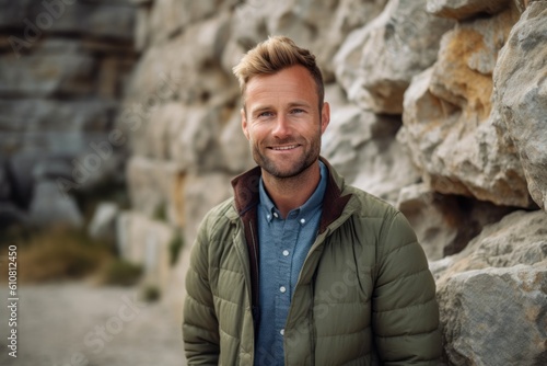 Portrait of handsome man smiling at camera while standing against stone wall
