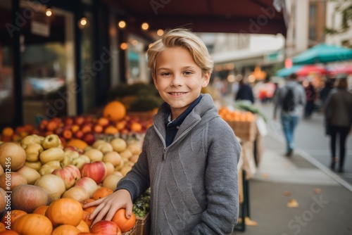 Cute little boy choosing pumpkin at the market. Healthy food for kids.